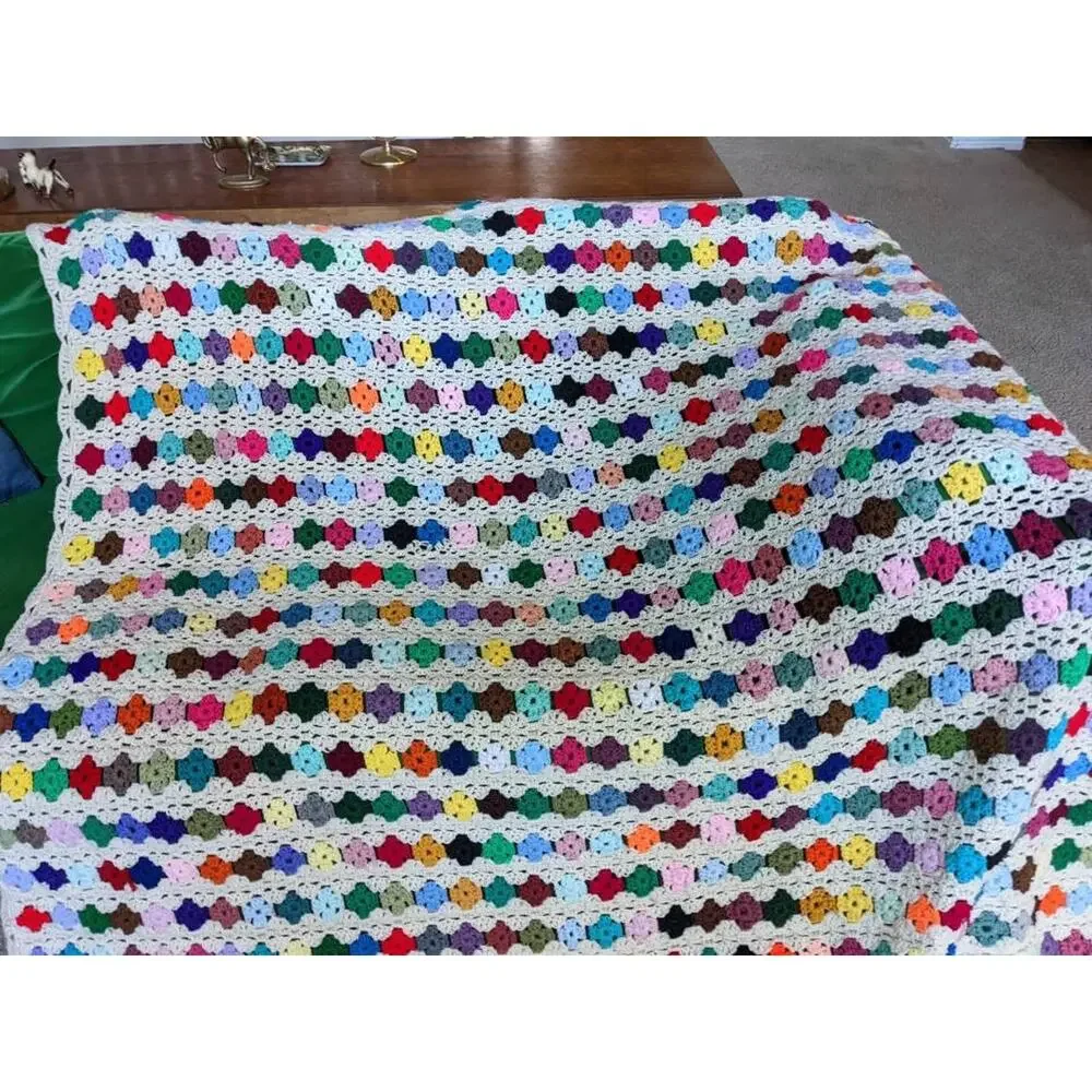 vintage 70s Cream RAINBOW Extra Large CROCHET AFGHAN hand knit blanket handmade